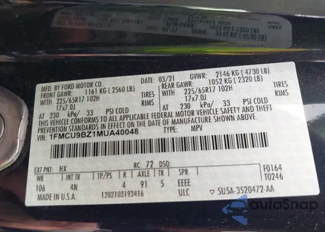 2021 Ford Escape Se Hybrid z USA, uszkodzony, nr VIN 1FMCU9BZ1MUA40048